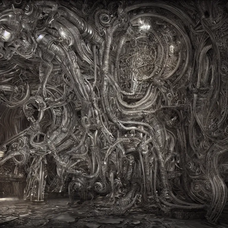 Prompt: old vintage photo of surreal alien extraterrestrial biomechanical temple interior beautiful detailed intricate insanely detailed 3D render digital art by Giger, octane render, unreal engine 5, 8K artistic photography, photorealistic