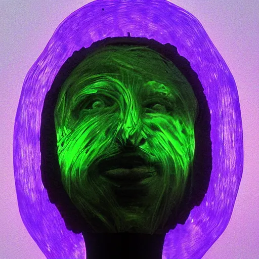 Image similar to dayglo purple extemporaneous, chaotic by jean - francois millet. a kinetic sculpture of a human head seen from multiple perspectives at once, as if it is being turned inside out. every angle & curve of the head is explored & emphasized, creating an optical illusion.