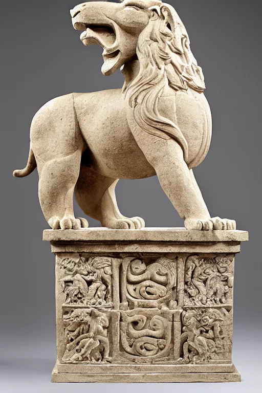 Image similar to ortographic view of a stone sculpture of a lion horse bird chimera sitting on a pedestal with intricate carvings and fine detail