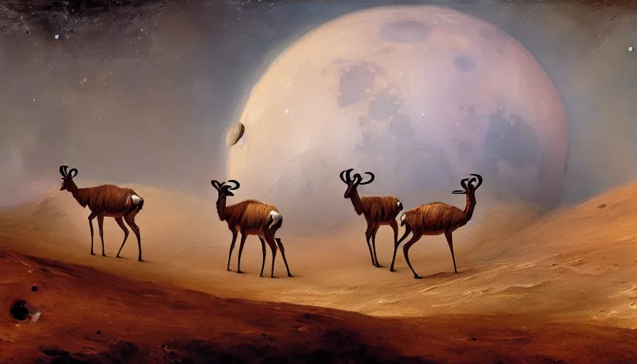 Image similar to highly detailed painting of antelopes on the surface of the moon by william turner, thick brush strokes and visible paint layers, 4 k resolution