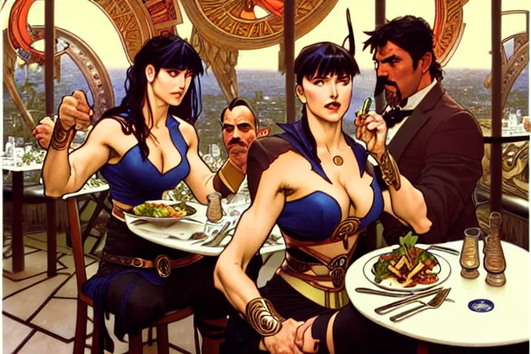 Image similar to xena warrior princess eating at a restaurant, with a hispanic man in a suit as her companion, art by artgerm and greg rutkowski and alphonse mucha