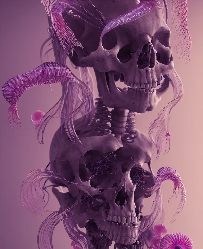 Image similar to goddess close - up portrait human skeleton, ram skull, jellyfish, orchid, betta fish, bioluminiscent, intricate artwork by tooth wu and wlop and beeple. octane render, trending on artstation, greg rutkowski very coherent symmetrical artwork. cinematic, hyper realism, high detail, octane render, 8 k