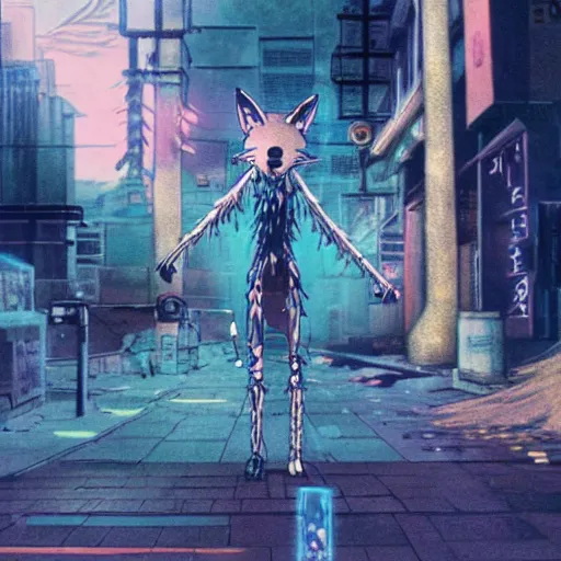 Prompt: screenshot from an anime about a glowing bipedal demonic skeletal fox with 9 blazing peacock tails wearing wizard robes and wandering an empty street alone, anime, 8 0 s, vhs, vhs effects, art by yuji ikehata