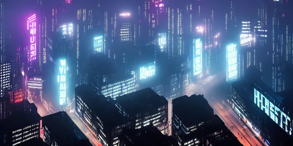 Prompt: giant illuminated advert screens, megacity streets seen from above, eerie fog, neon signs, blade runner, ex machina