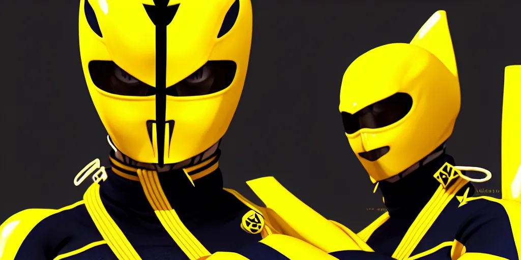 Image similar to symmetry!! portriat, yellow ranger, samurai, asian, artstation, art by murata, art by oda echiiro, lightning helmet, 3 d, jumpsuit, tracksuit, yellow, gloves, logo