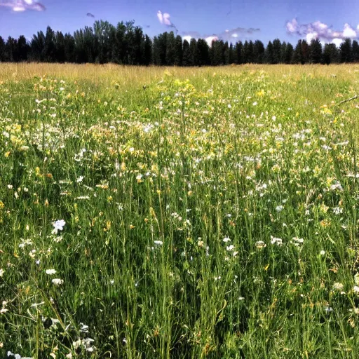 Image similar to a beautiful meadow in the middle of dirty industrial complex,