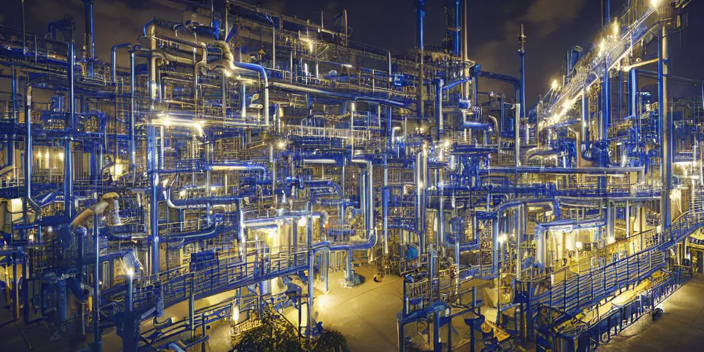 Image similar to hyper realistic oil pipes processing plant at night under the rain