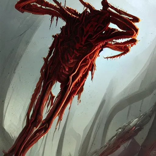 Prompt: scifi art by Greg Rutkowski, hideous monster made of twisted human flesh and reddish ooze, lumpy bloated upper body with elongated, thin limbs like a mantis, small head like a ball with two empty holes for eyes, only human beings are its legs, vicious appearance, scifi, space horror, digital painting, artstation, concept art, smooth, sharp foccus ilustration, Artstation HQ.