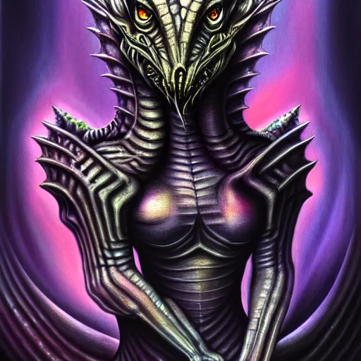 Image similar to Giger portrait of queen dragon, Dragon in dragon lair, HD, full body dragon concept, flying dragon, soft shading, soft colors, relaxed colors, hyperdetailed, wide angle lens, fantasy, futuristic horror, style of giger