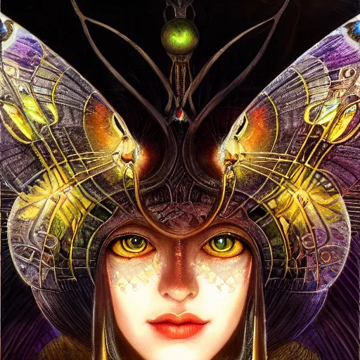 Prompt: beautiful closeup portrait of an art deco fairy queen, glowing eyes. reflective detailed textures, moth wings, highly detailed dark fantasy science fiction painting by donato giancola and peter mohrbacher and diego rivera, elaborate geometric ornament, ancient runes, silver and cool colors. artstation