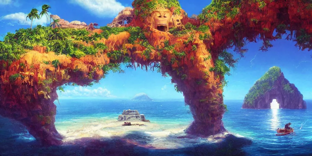 Image similar to ”mysterious caribbean island with a huge carved cliff that resembles a primitive monkey’s head with a mouth as an entrance to a cave inside, [palm trees, beach, wide angle, side view, cinematic, monkey island, art by wlop and paul lehr]”