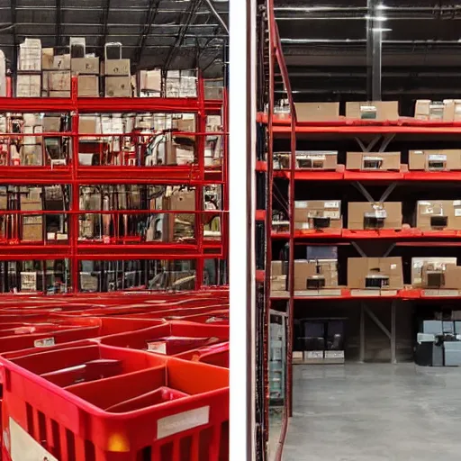 Image similar to two frames of equal size, the first a warehouse full of boxes, the second is the same picture but the boxes are red