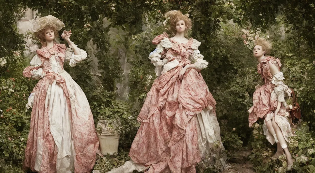 Prompt: fashion editorial by Jean-Honoré Fragonard. outdoor garden. highly detailed. 8k. depth of field. photography