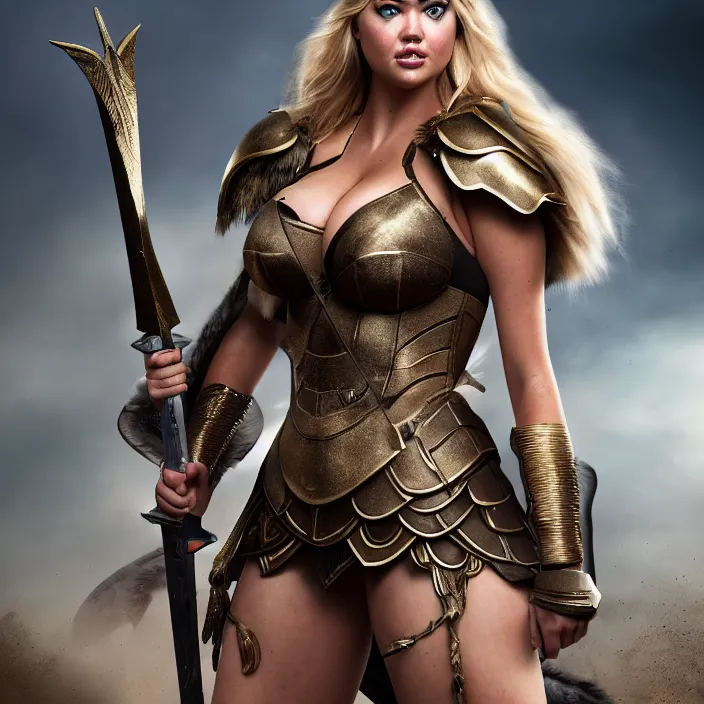 Image similar to full body photograph of kate upton as a valkyrie warrior. Extremely detailed. 8k