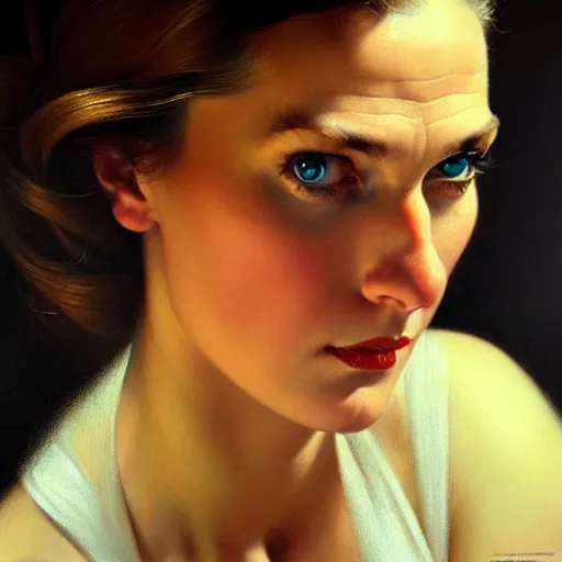 Prompt: close up face of a extremely beautiful bond female portrait, Masterpiece, oil on canvas, artgerm, norman rockwell, craig mulins, trending on pxiv,