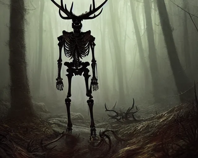 Prompt: 5 5 mm portrait photo of an armored demonic human skeleton with antlers, in a magical forest. dark atmosphere. art by greg rutkowski. highly detailed 8 k. intricate. lifelike. soft light. nikon d 8 5 0.