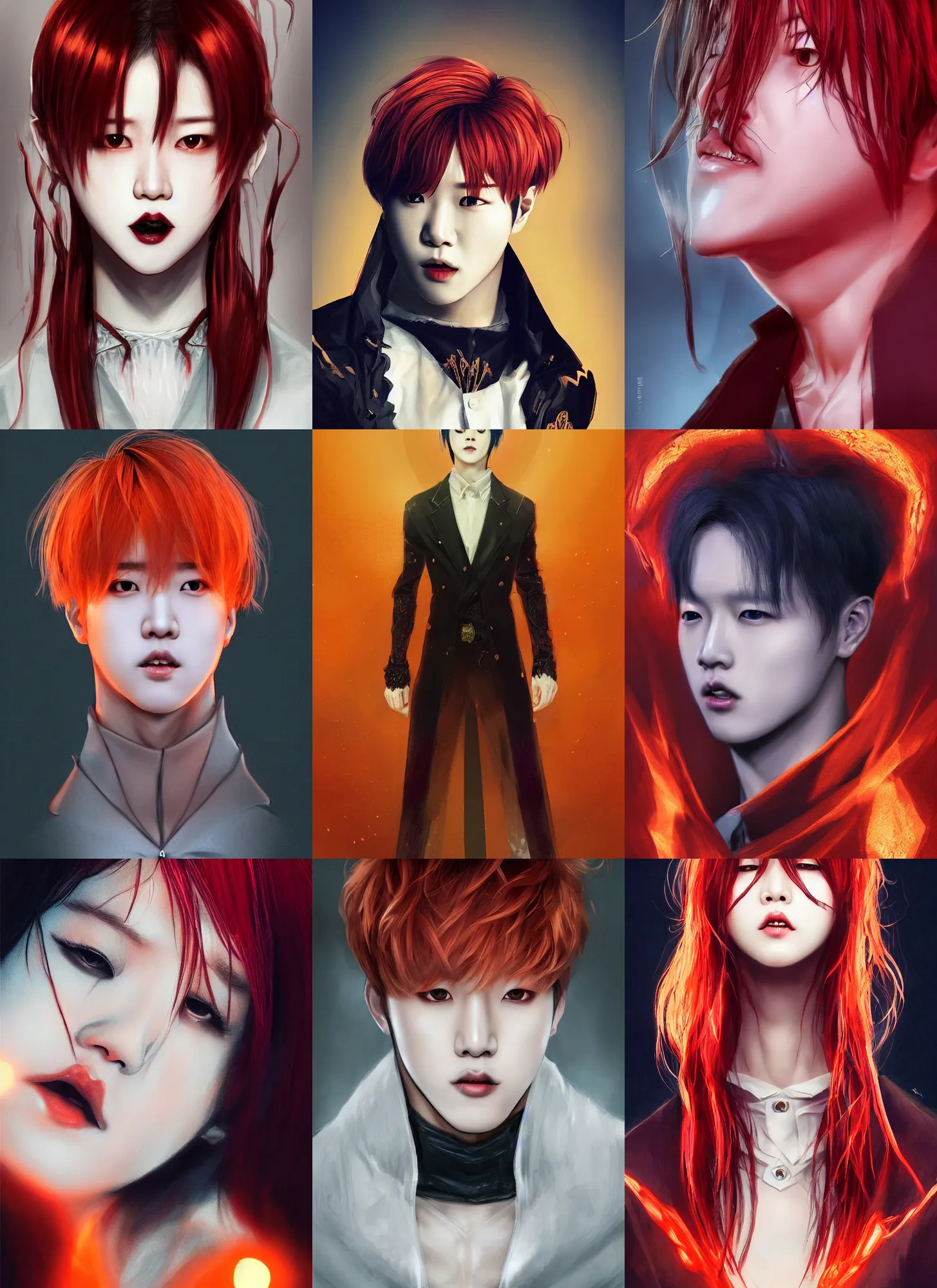 Image similar to park jimin as a vampire. wearing intricate styled outfit, semi realism, anime realism, symmetrical face, slim face, distinctive features, appealing, photorealism, uhd, amazing depth, glowing, golden ratio, sakimichan, greg rutowski, volumetric lighting, cinematic lighting, red orange lighting, artstation concept art