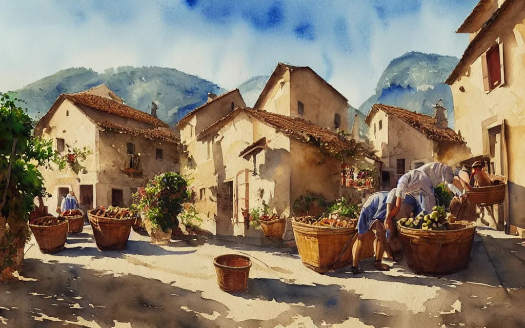 Image similar to beautiful watercolor painting by joseph zbukvic and alvaro castagnet, depicting a wine harvesting on a sunny day in a little italian village