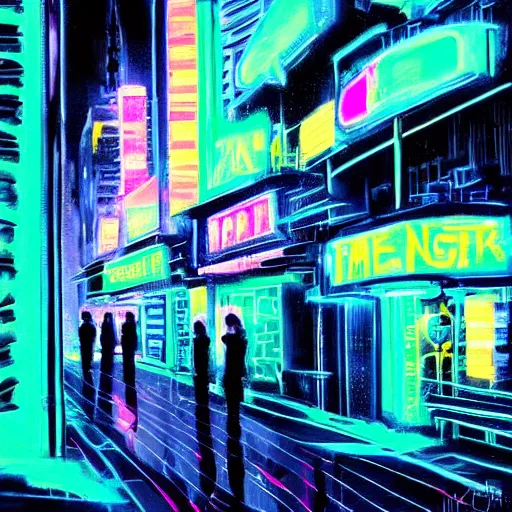 Image similar to cyberpunk neon city night with hooded figure painted by Turner