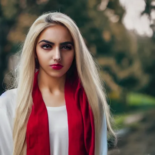 Prompt: A photorealistic portrait of an Iranian young woman with long blonde hair wearing a red scarf, DSLR Photograph, 8k