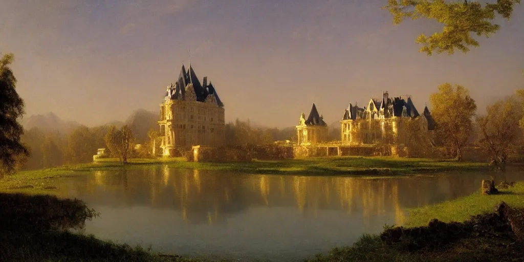 Image similar to beautiful illustration of chateau in a serene landscape, by albert bierstadt, magic realism, glowing clear castle lines, narrative realism, beautiful matte painting, heavenly lighting, retrowave, 4 k hd wallpaper, rim light