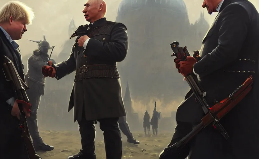 Image similar to Boris Johnson vs Vladimir Putin, face to face staring, civil war style, highly detailed, digital painting, artstation, concept art, smooth, sharp focus, illustration, cinematic lighting, art by artgerm and greg rutkowski and alphonse mucha