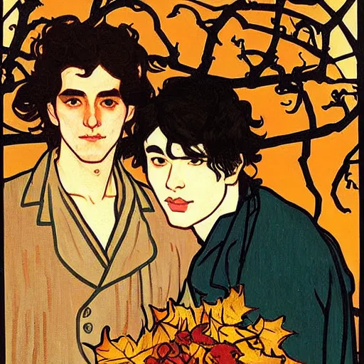Image similar to painting of young cute handsome beautiful dark medium wavy hair man in his 2 0 s named shadow taehyung and cute handsome beautiful min - jun together at the halloween witchcraft party using bubbling cauldron, spells, autumn colors, elegant, ritual, stylized, soft facial features, delicate facial features, art by alphonse mucha, vincent van gogh, egon schiele