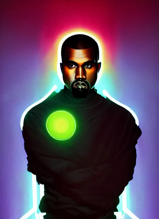 Image similar to symmetry!! portrait of kanye west, sci - fi, tech wear, glowing lights!! intricate, elegant, highly detailed, digital painting, artstation, concept art, smooth, sharp focus, illustration, art by artgerm and greg rutkowski and alphonse mucha