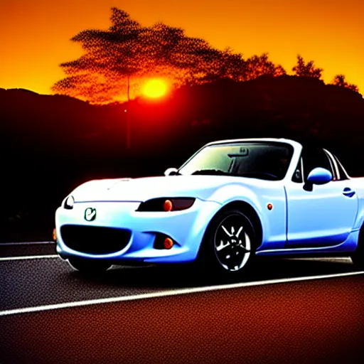 Image similar to a car Mazda Miata in middle of road, gunma prefecture, city sunset night, cinematic color, photorealistic, highly detailed