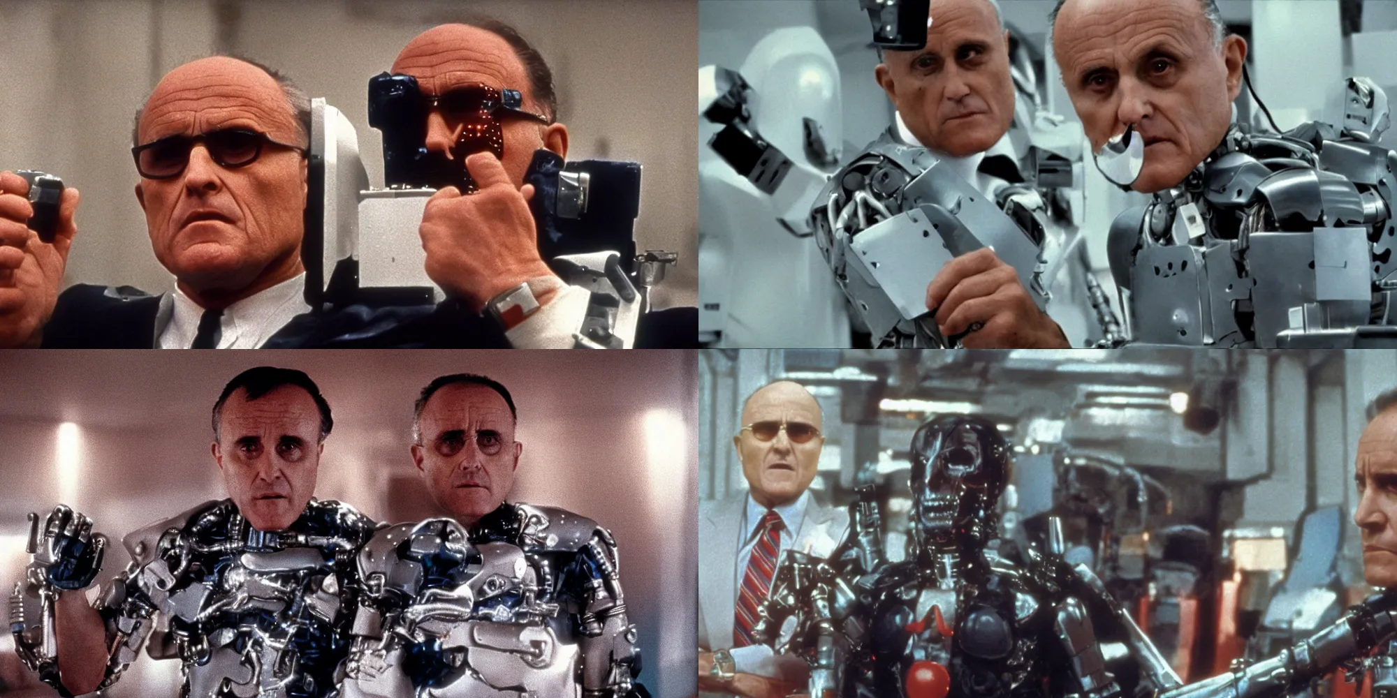 Prompt: rudy giuliani in terminator t - 9 0 0, cybernetic arms and legs, cybernetic body, cyborgs, metal robots, shotguns directed by wes anderson, cinestill 8 0 0 t, 1 9 8 0 s movie still, film grain
