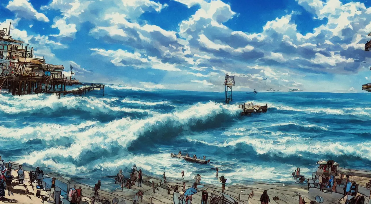 Prompt: ocean side beach blue sky clouds waves water pier dock beautiful artstation 4 k breathtaking illustration cartoon by jack kirby artstation concept art matte painting