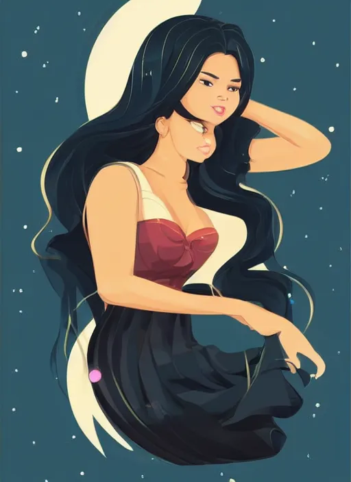 Image similar to woman, black hair, tan skin, curvy, slight resemblance to selena gomez. colorful voluminous princess dress. clean cel shaded vector art. shutterstock. behance hd by lois van baarle, artgerm, helen huang, by makoto shinkai and ilya kuvshinov, rossdraws, illustration,