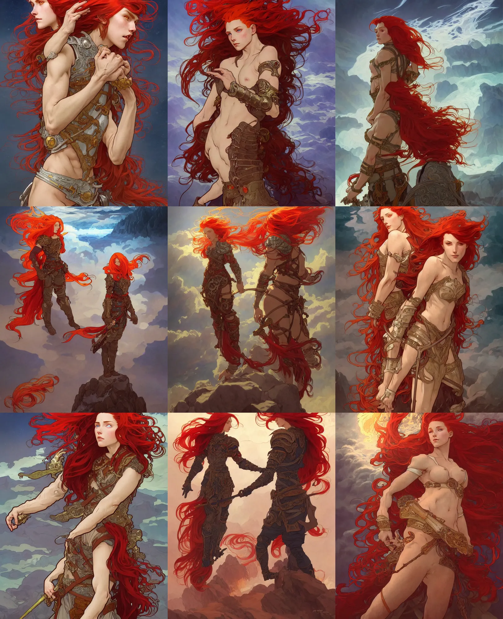 Image similar to a beautiful fire wizard with fire red hair, freckles. wearing armor inspired by alphonse mucha with an exposed midriff, standing on a mountain top with epic clouds and volumetric lighting. intricate illustration and highly detailed digital painting. concept art by artgerm. inspired by brom art and larry elmore.