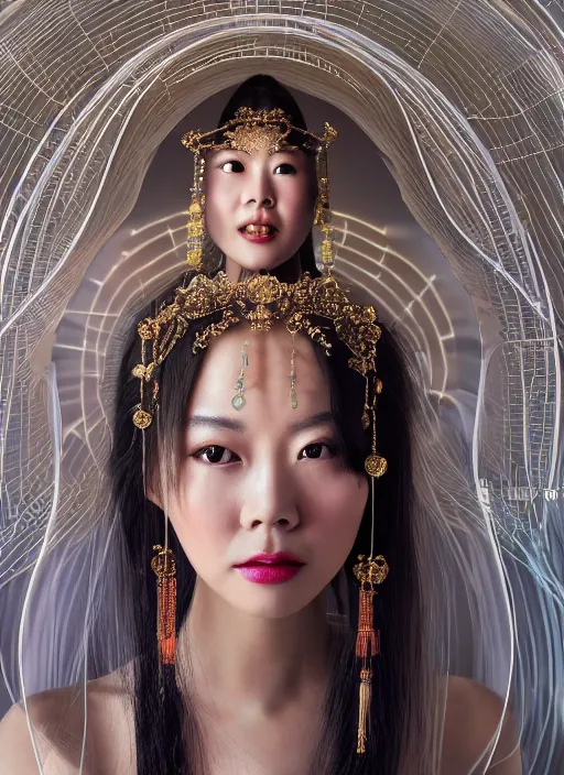 Image similar to photo shoot pose photo of beautiful Chinese ancient princess standing in the corridor in the space ship, symmetrical face, big eyes and lips, looking down, subtle makeup, clean face and body skin,ecstatic expression, ornamental jewelry and ancient translucent clothes, futuristic space ship interrior, wires with lights,depth of field, lens flares, dust in the air, moody lighting, intricate, elegant, highly detailed, centered, smooth, sharp focus, Donato Giancola, Joseph Christian Leyendecker, WLOP, Boris Vallejo, Artgerm moody photography, old photo, black and white, sepia, cinematic lighting, cinematic angle, editorial photography