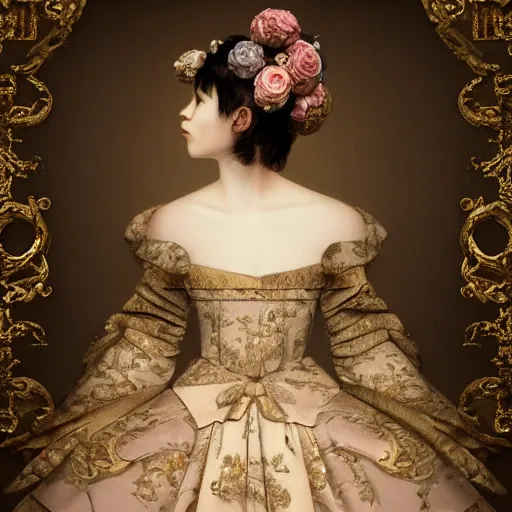 Image similar to 8k, octane render, realism, tonalism, renaissance, rococo, baroque, portrait of a young lady wearing long harajuku manga dress with flowers and skulls, background chaotic gold leaf flowers