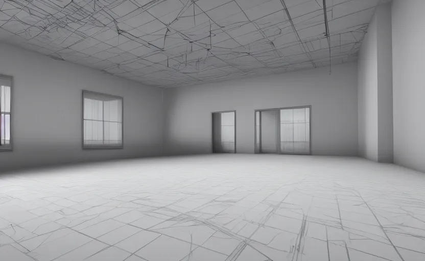 Image similar to empty room, big open floor, large random with colourful 3 d objects, unreal engine and v - ray render.