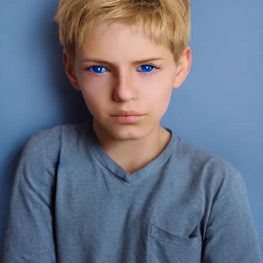 Image similar to portrait of a boy with his hand on his face, extremely realistic and real, photorealistic, blonde hair and blue eyes, detailed facial structure, real eyes that are detailed, real hands