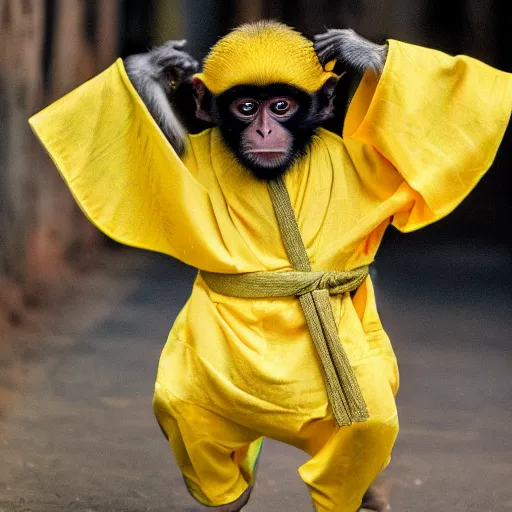 Image similar to a monkey wearing a yellow kimono, 8 k