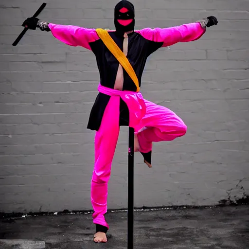 Image similar to a ninja with sword standing on a pole in neon pink clothes