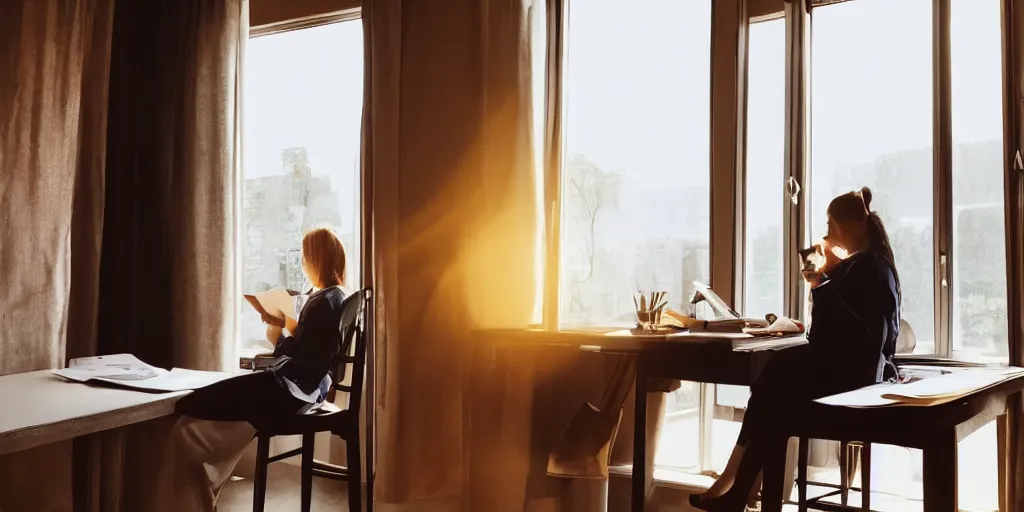 Image similar to a woman sitting a desk next to a window, reading a letter, warm, happy, sunlight, medium shot, realistic