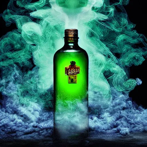 Prompt: https://s.mj.run/RjUUimhi8wU hyper-realistic photo of a green absinthe bottle surrounded by blue smoke swirling around, unreal engine, cinematic, hyper-realistic, DOF