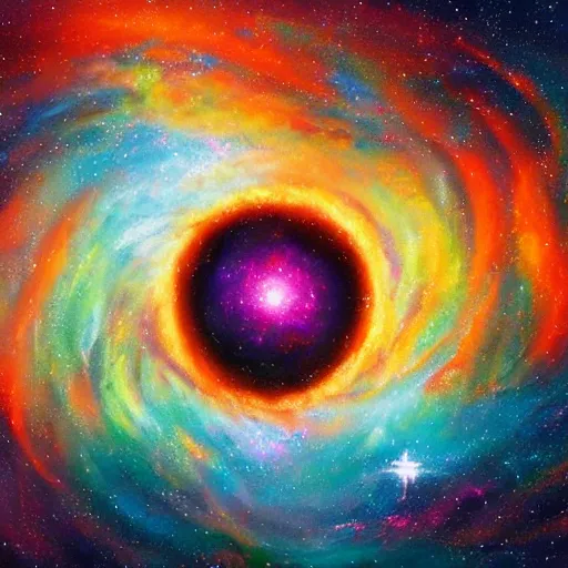 Image similar to highly detailed 8k oil painting of the celestial glowing God of random numbers and infinity quasar, misty, epic composition, neon colors, trending