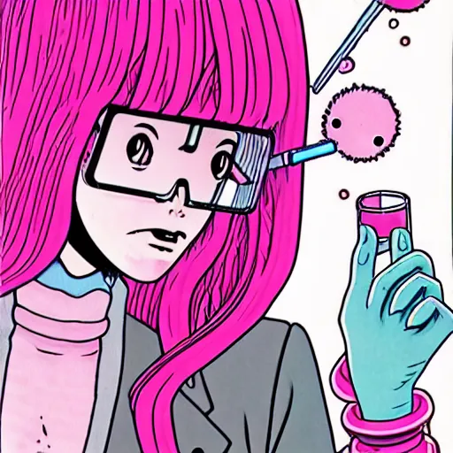 Image similar to realistic dark retro pulp sci - fi colored manga illustration of princess bubblegum by junji ito, with pink hair made of bubblegum, confident scientist performing experiments in her lab