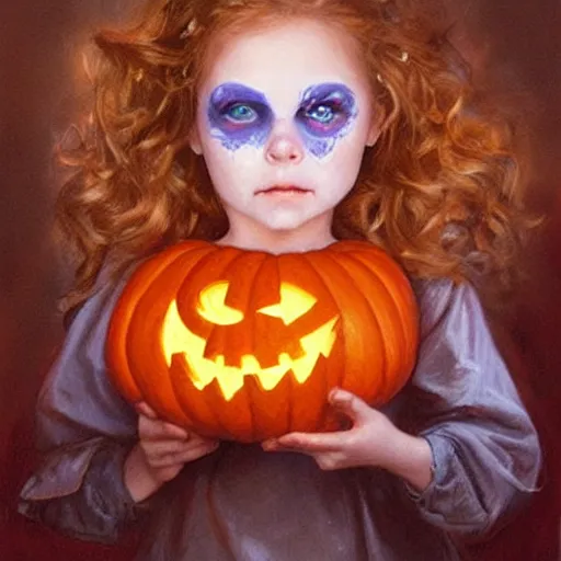 Prompt: a little girl with short wavy curly light brown hair and blue eyes in the most amazing children's halloween costume with her face painted like a pumpkin. painting by artgerm and greg rutkowski.