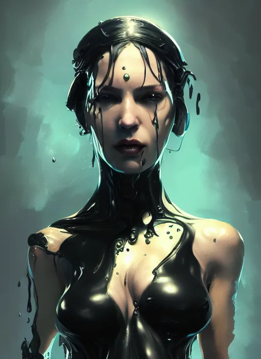 Image similar to painting of a woman in black slime, highly detailed, digital painting, concept art, smooth, sharp focus, illustration, illustration by greg rutkowski, yoji shinkawa, 4 k, digital art, concept art, trending on artstation, 8 k