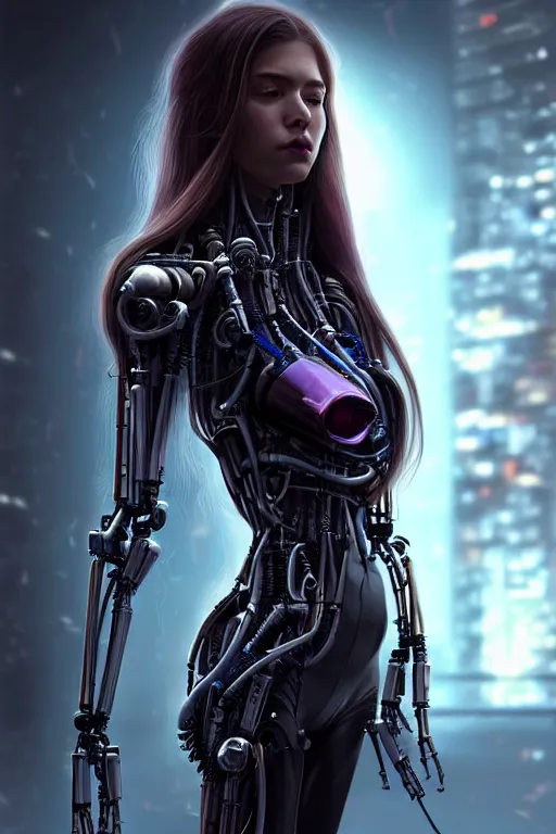 Prompt: a portrait of a beautiful 28th century super cool post-human female very young with long hair, barely human and largely biomechanical cyberpunk, hyper-realistic, very detailed unreal engine, by Artgerm, WLOP and Ross Thran, dramatic cinematic lighting rendered by octane, 8k, detailed, trending on artstation, deviantart google images, pinterest