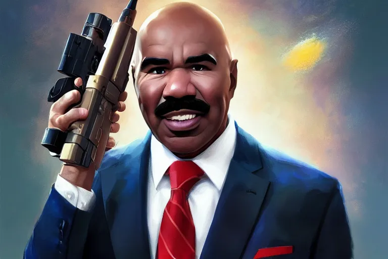 Image similar to portrait of steve harvey with a rocket launcher, family fued set, charlie bowater, artgerm, ilya kuvshinov, krenz cushart, ruan jia, realism, ultra detailed, 8 k resolution