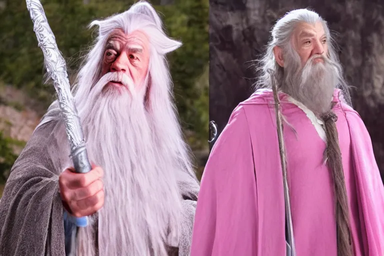Prompt: scruffy looking Gandalf wearing pink Hello kitty costume, meeting regular Gandalf the white, dramatic lighting, movie still from Lord of the Rings, cinematic
