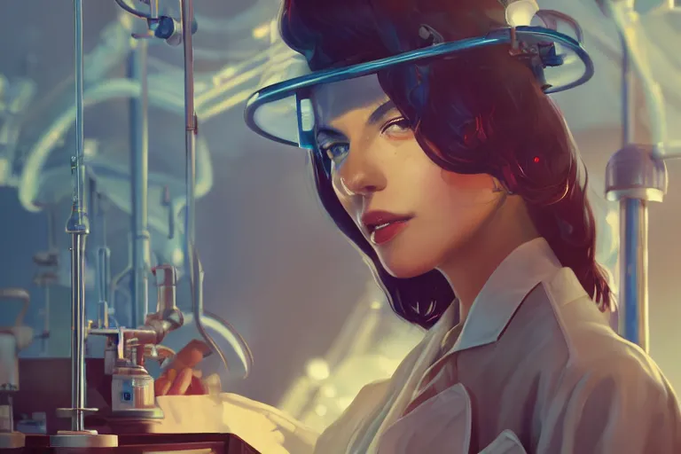 Prompt: woman wearing a labcoat in a steampunk lab, cinematic, beautiful face, digital art, by wlop, by james gilleard, by conrad roset, sunlit, cozy, trending on artstation, octane render, matter art, close up shot
