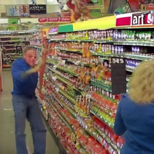 Prompt: A still of an episode of Super Market Sweep where angry wolves burst into the aisles.